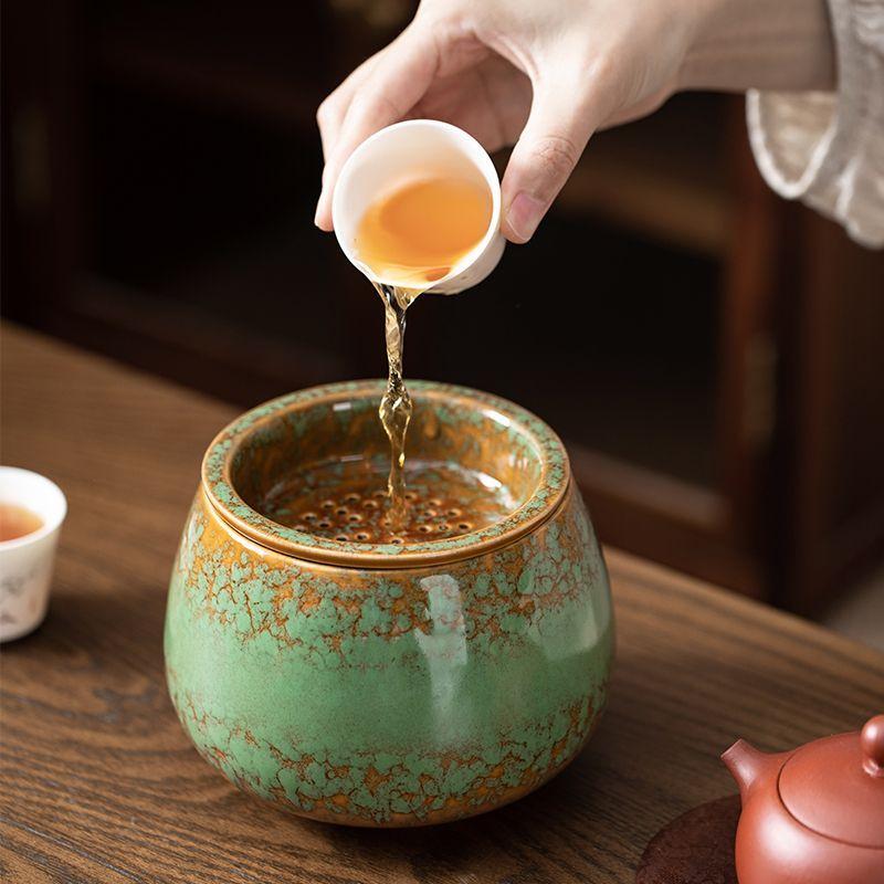 Kiln Change Green Glaze Premium Ceramic Large Tea Residue Bowl Tea Water Separation Tea Rinse Basin for Gongfu Tea