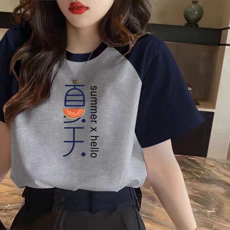 

Summer round neck cotton short-sleeved women s T-shirt trend color matching summer T-shirt 3L сірий