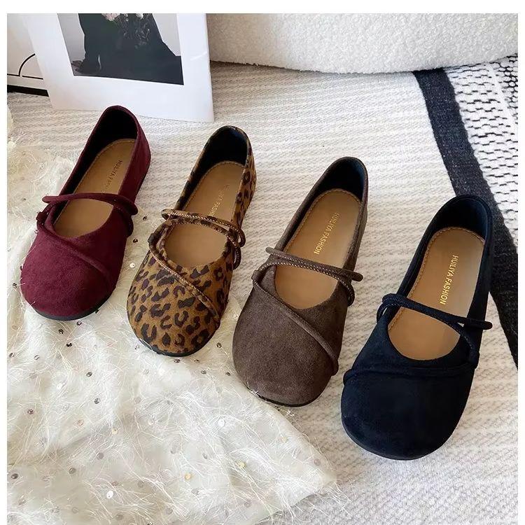 Women’s Black Suede Flat Shoes 2024 Fashion Thin Strap Shoe For Woman Round Head Closed Toe Shallow Mouth Flat Loafers Shoes