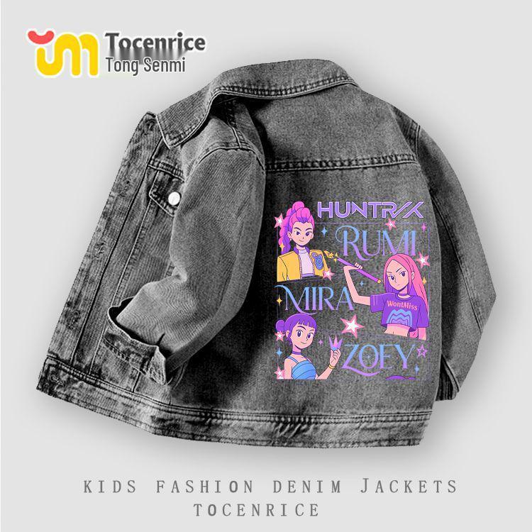K-pop Monster Hunter Girls' Denim Jacket - Spring/Autumn Trendy Lapel for Medium/Large Kids