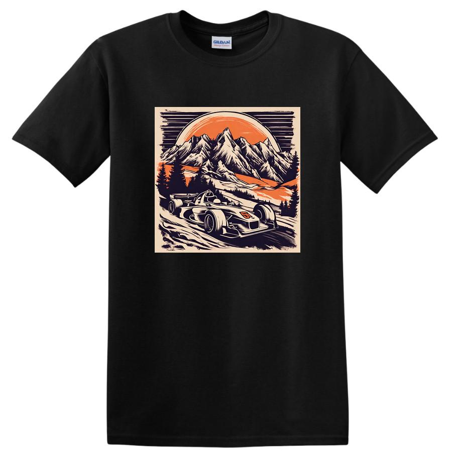 Racing Car Mountain Sunset Graphic T Shirt for Car Enthusiasts and Tee S