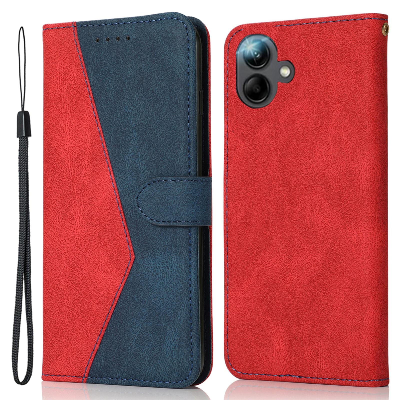 

For Samsung Galaxy A06 4G Cover Color Splicing Wallet Stand Leather Phone Case with Wrist Strap Red Blue