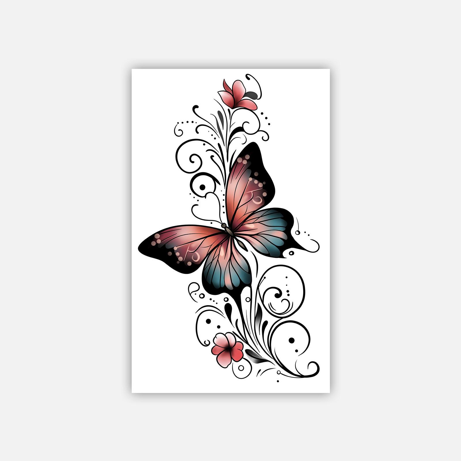 

Red And Black Gradual Change Butterfly Flower Tattoo Sticker, Waterproof And Long-Lasting, Side Waist And Abdomen Cover Scar Simulation Tattoo Sticker 11*18
