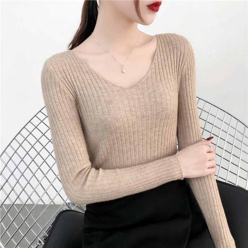 Autumn and Winter V-neck Knitted Sweater for Women Fashion Slim Fit Long Sleeve Base Pullover Sweaters Tops Ladies Elegant Solid Woman Knitwear 24978