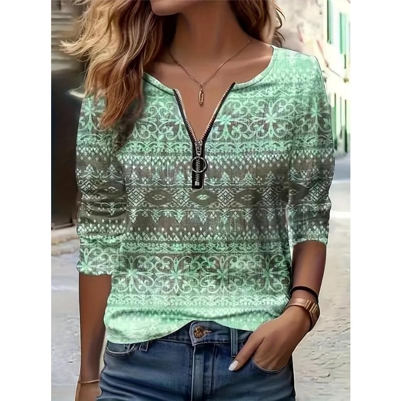 

Women s T Shirt Graphic Tribal Fashion Casual Long Sleeve Crew Neck V Neck Regular Tops Daily Zipper Print Pink Blue Purple Green Spring Fall Winter 2XL