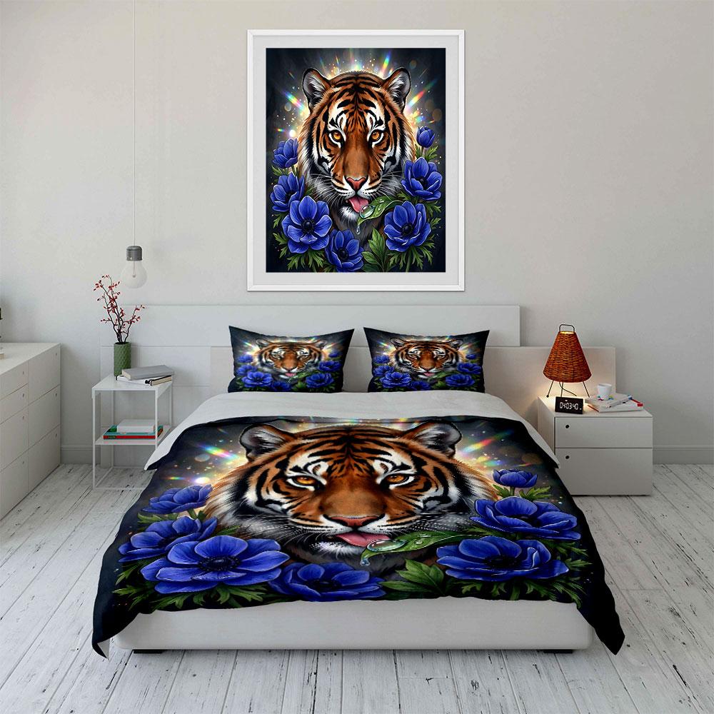 Tiger with Blue Flowers Art Bedding Duvet Cover Set (1*Duvet Cover 2*Pillowcases, Without Duvet Insert)