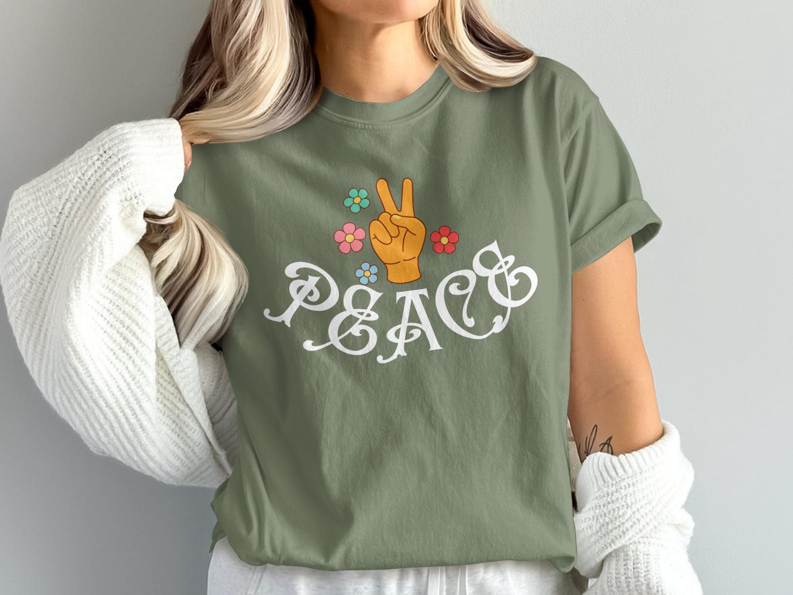 Groovy Peace Sign T-Shirt, Retro 70s Flower Power Hippie Tee L