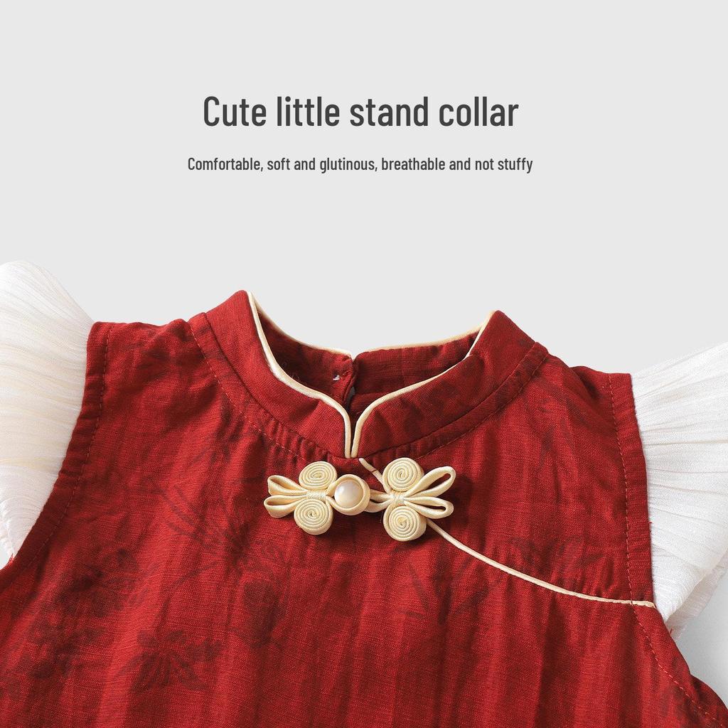 Youqi Chinese Style Baby Princess Summer Dress, 100-Day Celebration Red Gauze Gown