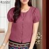 ZANZEA Women Casual Round Neck Solid Color Short Sleeve Blouse