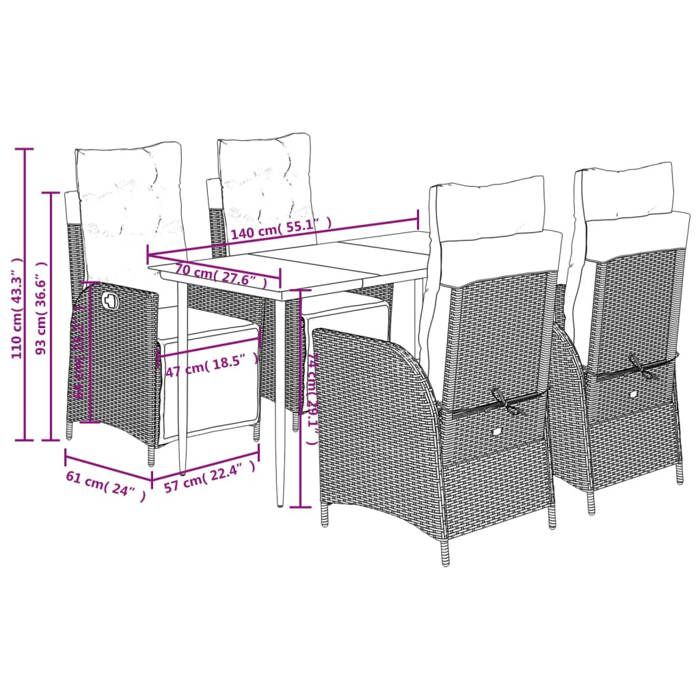 VidaXL Ensemble à Manger de Jardin avec Coussins 5 pcs, Table et Chaises avec Dossier et Repose-pied Réglables, Meubles 3213450