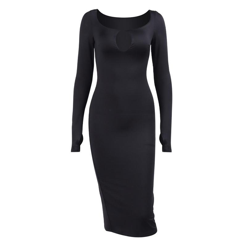 European, American autumn and winter hollow dress, popular women's clothing, sexy square neck split hip dress