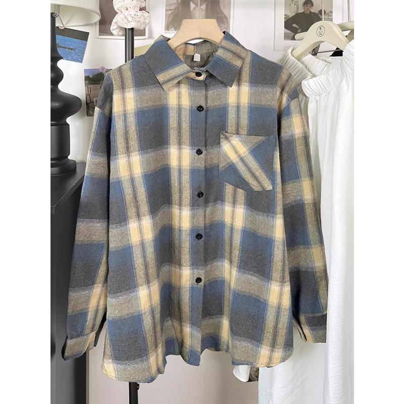 Cămașă de damă retro cu carouri, periată - Îmbrăcăminte exterioară cu mânecă lungă, cu croială lejeră, pentru toamna 2024