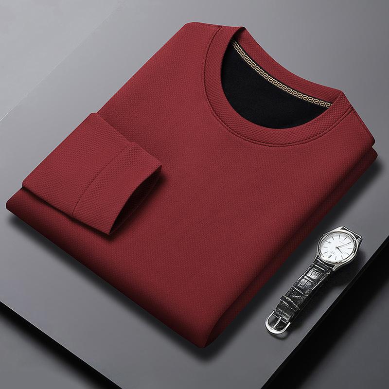 Autumn And Winter Velvet Thickened Crew Neck Sweater Men'S Pineapple Grid Solid Color Warm T-Shirt Casual Versatile Bottoming Shirt