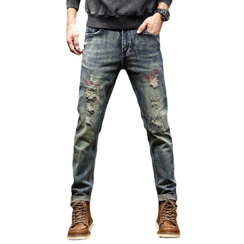 2024 European And American New Retro Distressed Jeans Men'S High-End Distressed Straight Leg Nostalgic Elastic Denim Pants