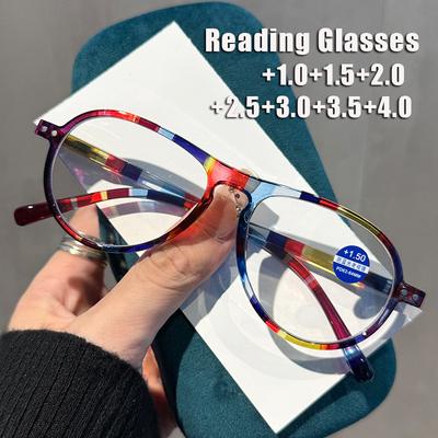 Damskie okulary do presbiopii w stylu INS w kształcie ropuchy, kolorowe, drukowane, z zausznikami sprężynowymi, blokujące niebieskie światło, do czytania, dioptrie do +4.0