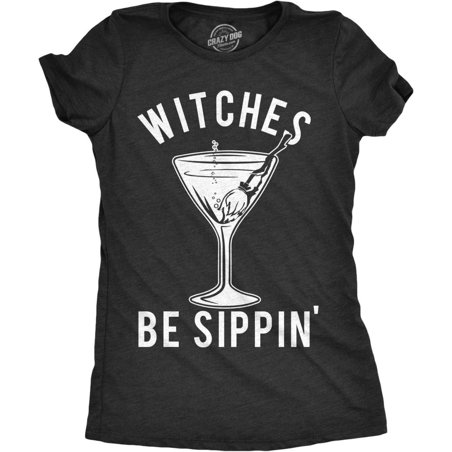 Womens Witches Be Sippin T Shirt Funny Halloween Party Drinking Tee for Ladies S чёрный