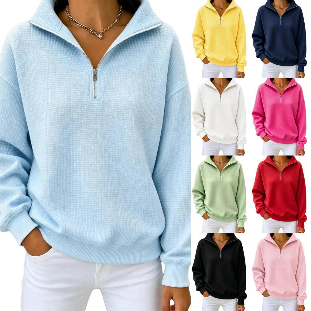 Women's Long Sleeve Zip-Up Sweatshirt with Stand Collar, Knit, Color, Loose Fit