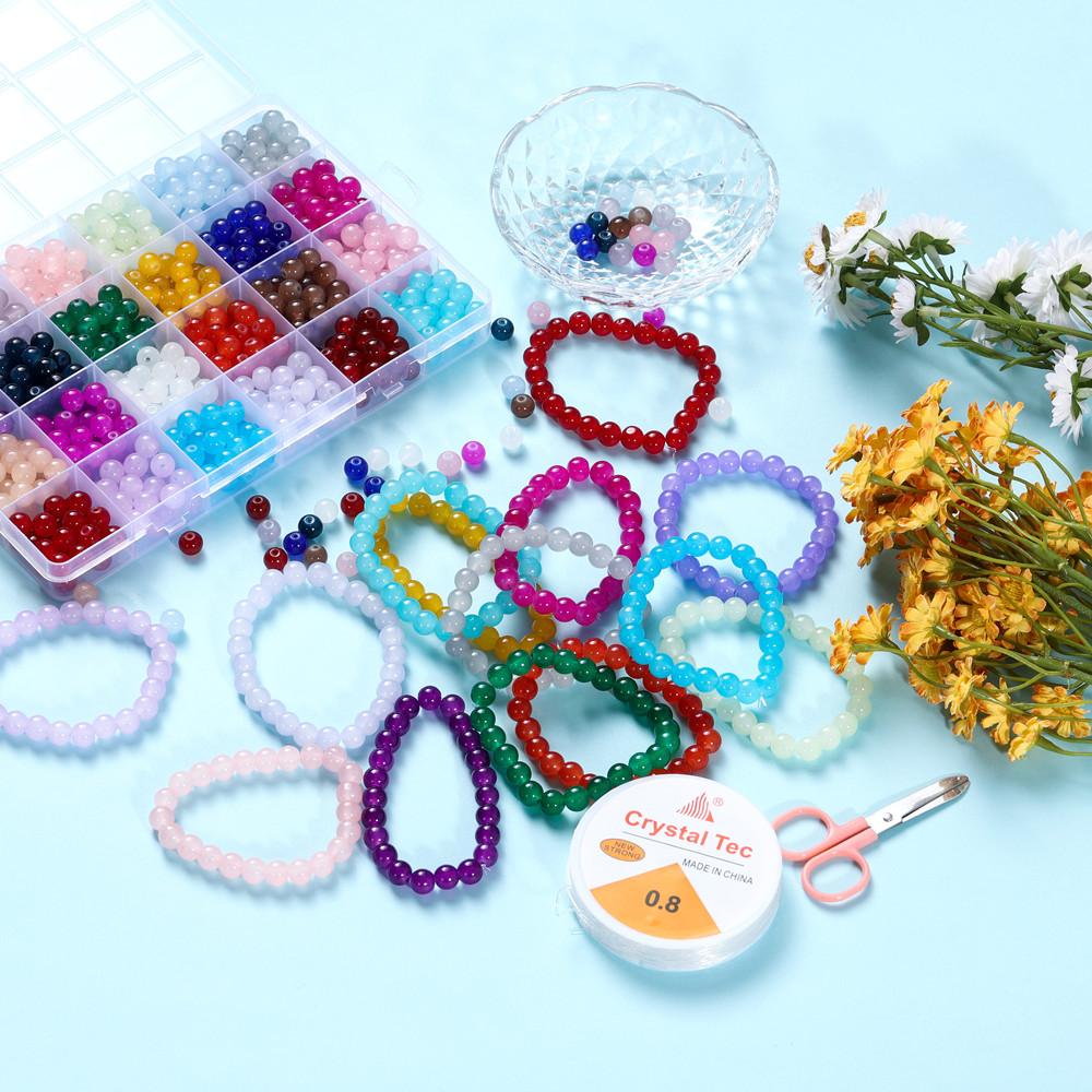 408-1200Pcs/Box Colorful Glass Beads Plastic Spacer Loose Bead Elastic Cord with Small Scissors for DIY Bracelet Jewelry Making
