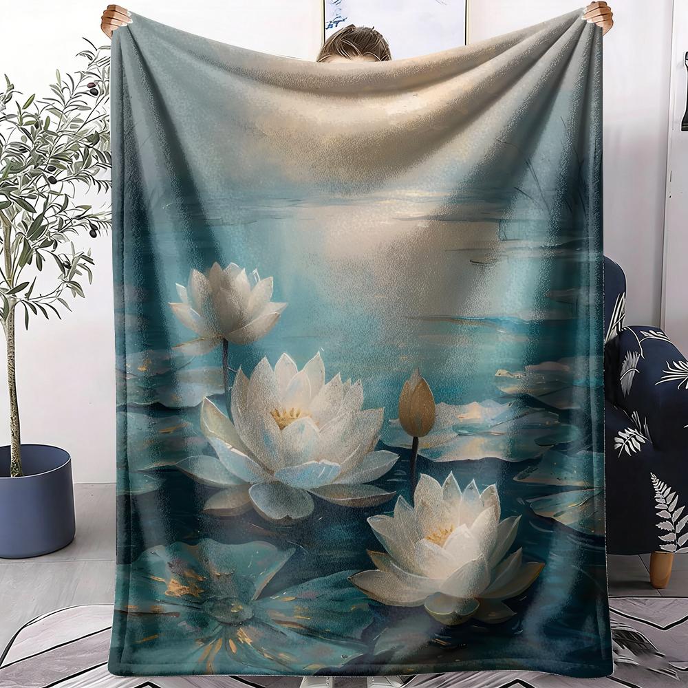 White Lotus Flower Throw Soft Flannel AC Blanket Lightweight Summer Nap Throw Cozy Blanket for Sofa Bed Travel Home 75x90cm