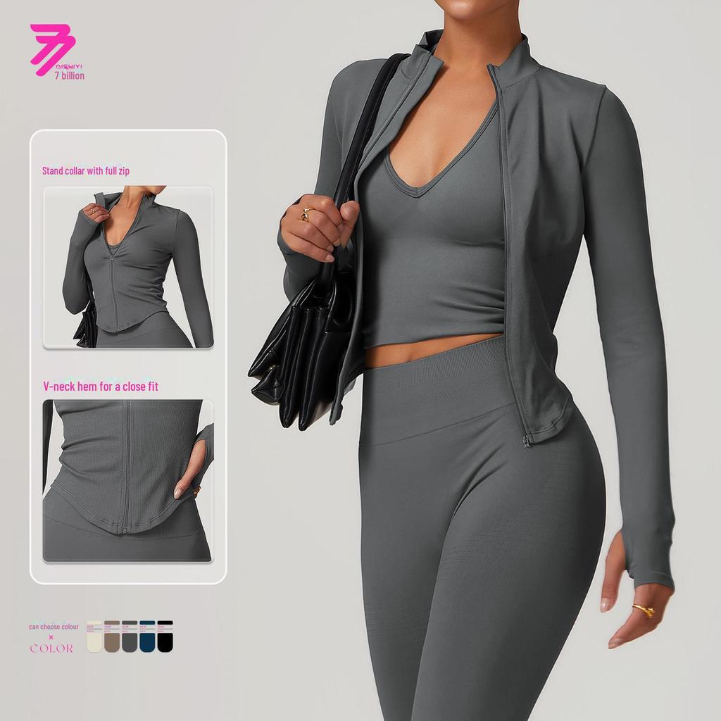 "Damska szybkoschnąca kurtka do jogi z długim rękawem zapinana na zamek, ze stójką 7725 - Krój europejski i amerykański, Top sportowy do fitnessu na zewnątrz"