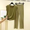 Ladies' Casual And Comfortable Round Neck Solid Color Top With Checkered Printed Pants Plus Size Set