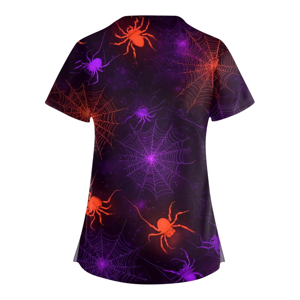 Women's Fashion V-Neck Short Sleeve Overalls With Pockets Halloween Printed Tops  Apparel