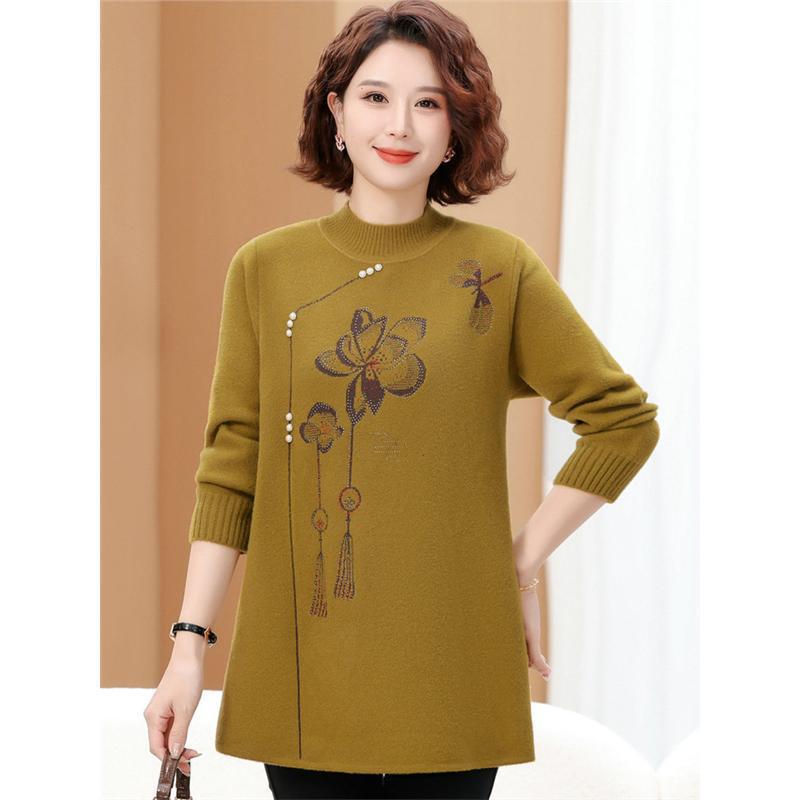 220 Jin Plus Size Middle-Aged & Elderly Women's Round Neck Pullover Sweater, Autumn/Winter, Loose Fit, Base Layer.