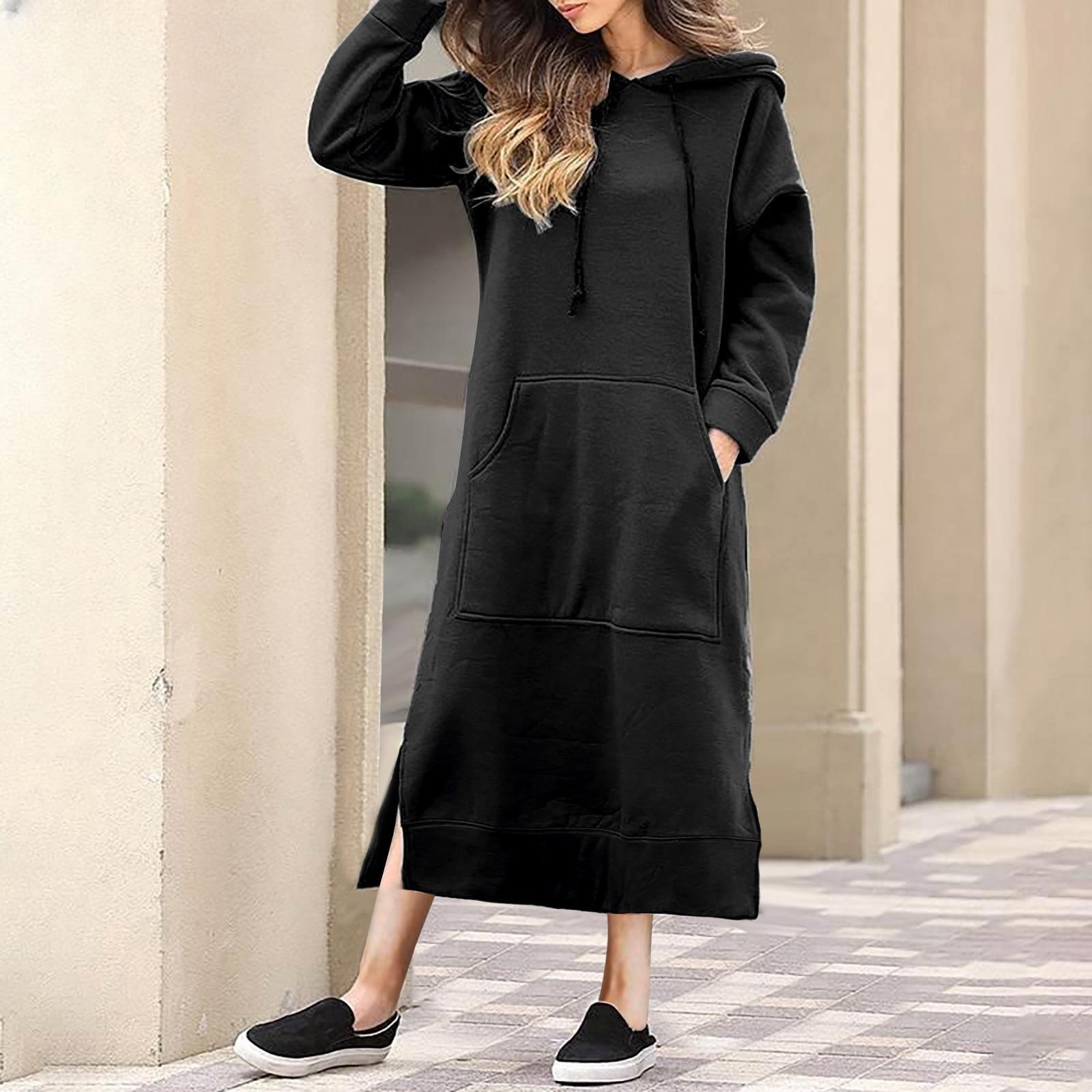 

Women s Casual Solid Color Long Sleeve Hoodie Long Dress M чёрный