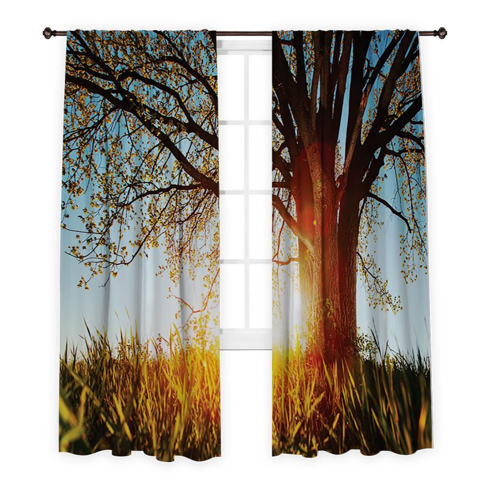 

Занавес с принтом Пейзаж / Шторы для гостиной, столовой, спальни с 2 панелями, набор - Tree Meadow Sunset Nature View Blue