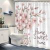 Kirschblüten-Vorhang - 'Home Sweet Home' Text, Rustikales Holz, Aquarell-Stil, 12 Haken, Maschinenwaschbar, Badezimmer-Dekor