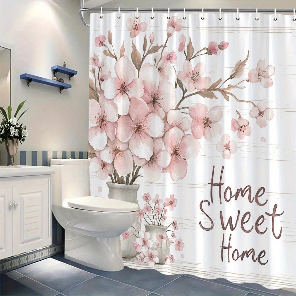 Kirschblüten-Vorhang - 'Home Sweet Home' Text, Rustikales Holz, Aquarell-Stil, 12 Haken, Maschinenwaschbar, Badezimmer-Dekor