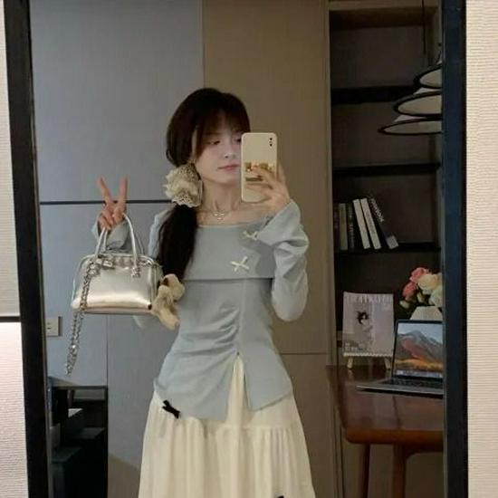 Elegant French Bow-Design Blue Autumn Top & High-Waisted Skirt Set Small