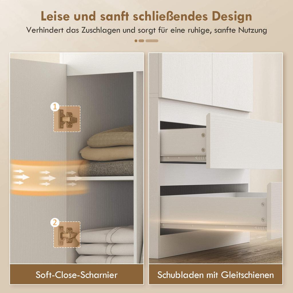 Bedroom Wardrobe with 2 Doors, 2 Drawers, 3 Compartments, Wood, White