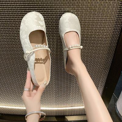 Pearl Word with Jacquard Bag Head Half Slippers Women's Autumn Wear Fashion Mary Jane Single Shoes