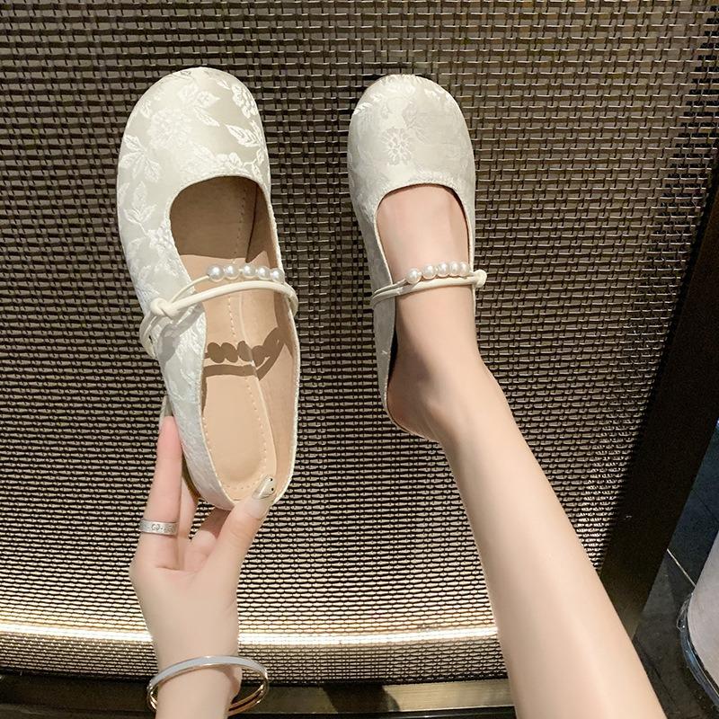 Pearl Word with Jacquard Bag Head Half Slippers Women's Autumn Wear Fashion Mary Jane Single Shoes