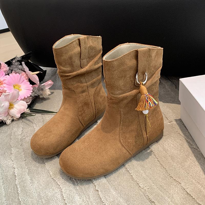 Retro Ethnic Small Pendant Small Short Boots Women's 2025 New Autumn and Winter Sleeve Round Head Stacking Boots Slim Martin Boots