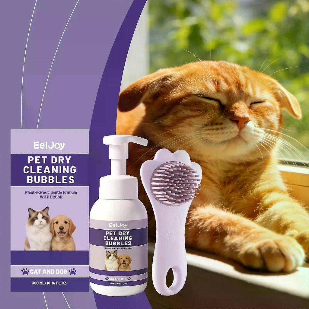 300ML Pet Dry Cleaning Bubbles with Brush, No-Rinse Waterless Shampoo for Cats & Dogs Less