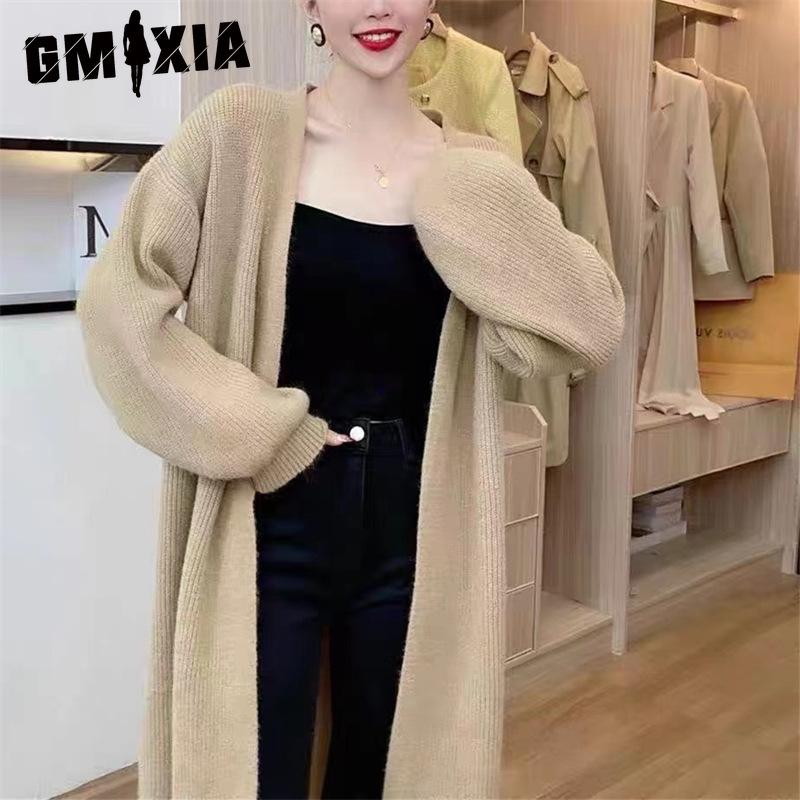 GMXIA Soft Waxy Solid Color Knitted Cardigan Women Autumn Loose Lazy Wind Long Sweater Coat