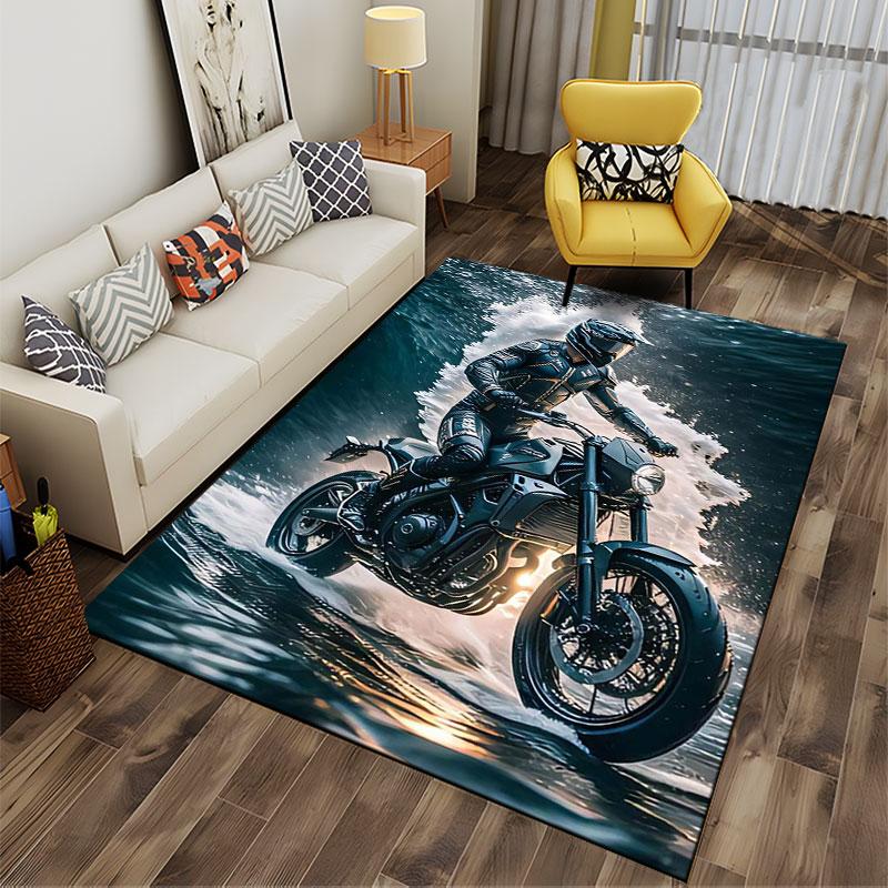Motorcyclist Riding Through Waves suitable as a non-slip mat for the living room or bedroom sofa