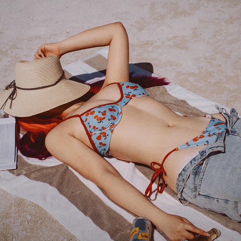 Women's French New-Style Three-Piece Bikini: Sexy, Underwire Support, Small Chest, Ideal for Autumn, Winter, or Spring Vacations.