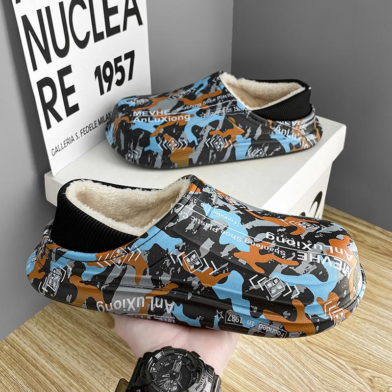 Mode Winter Herren Slipper Baumwolle Cartoon Hausschuhe Zuhause Draußen Dicke Flache Plateau Pelz Rutschfest Plüsch Wasserdicht Slipper Outdoor Schuh