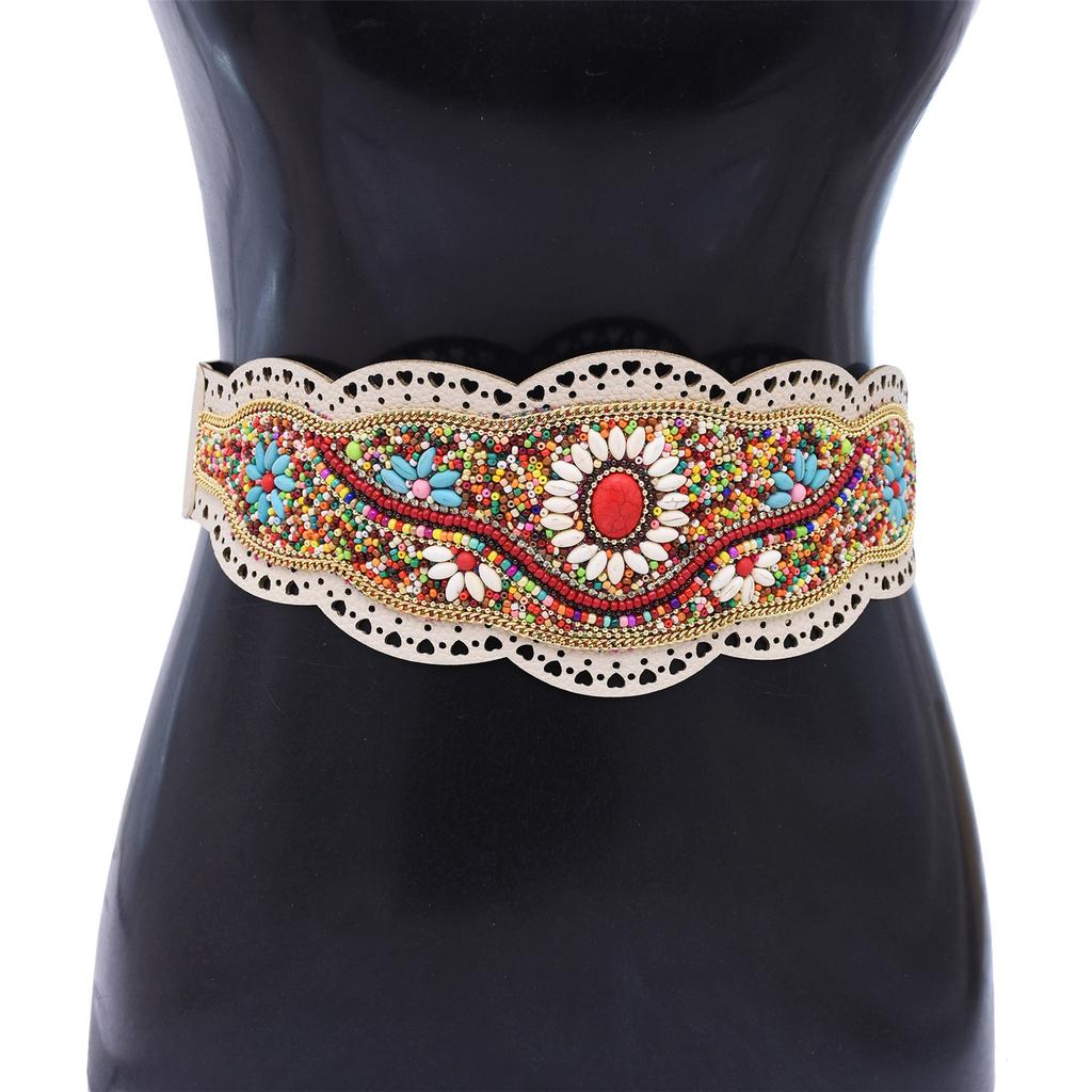 Adjustable Ethnic Waistband Decorative Cummerbund Belt with Flower Design Stretchy Wide Cinch Band for Dresses