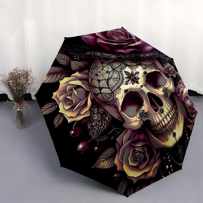 Skull,Roses Automatic Folding Umbrella Compact 8 rib Design,Unique Style,Suitable for Everyday Outdoor Use,Perfect Gift for Friends an