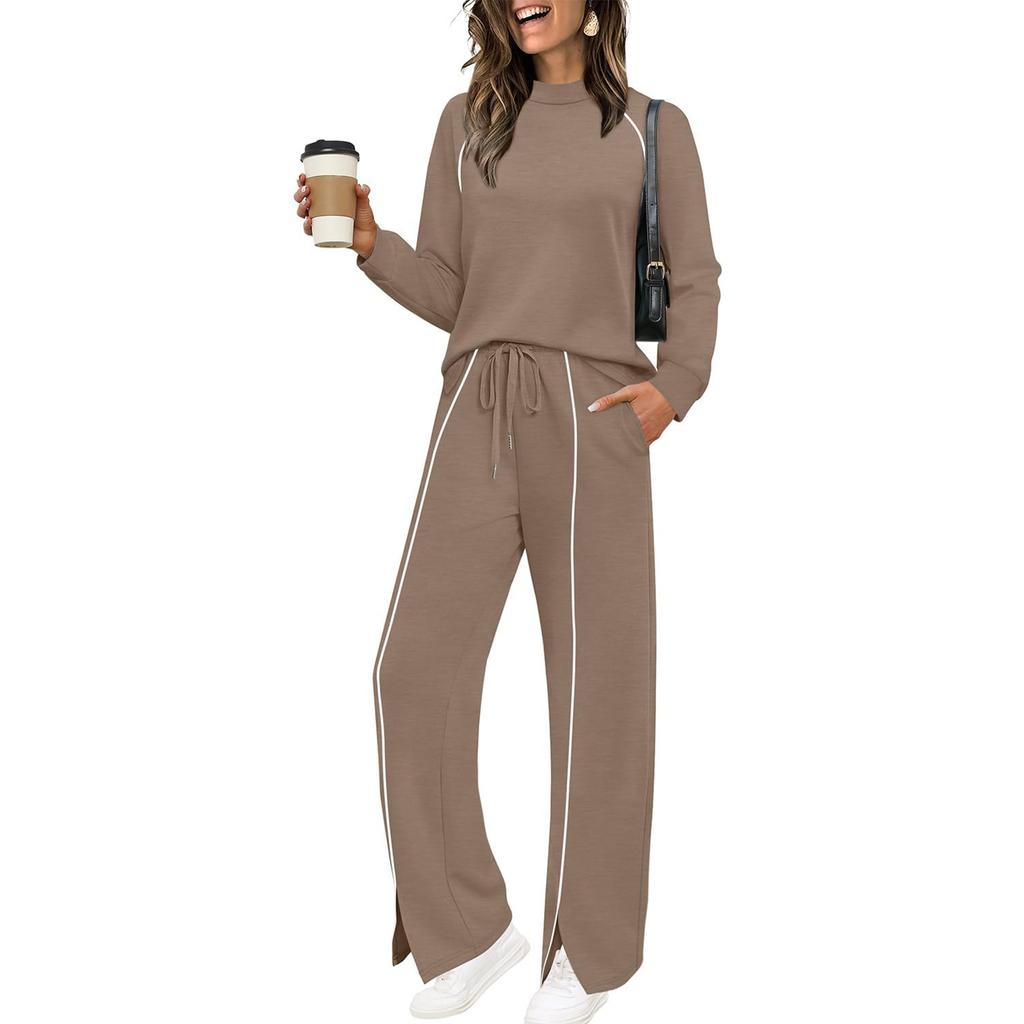 Women's Fashionable Solid Color Round Neck Long Sleeved Pullover Sweatshirt With Elastic Waistband And Split Hem Casual Sweatpants Two-piece Set