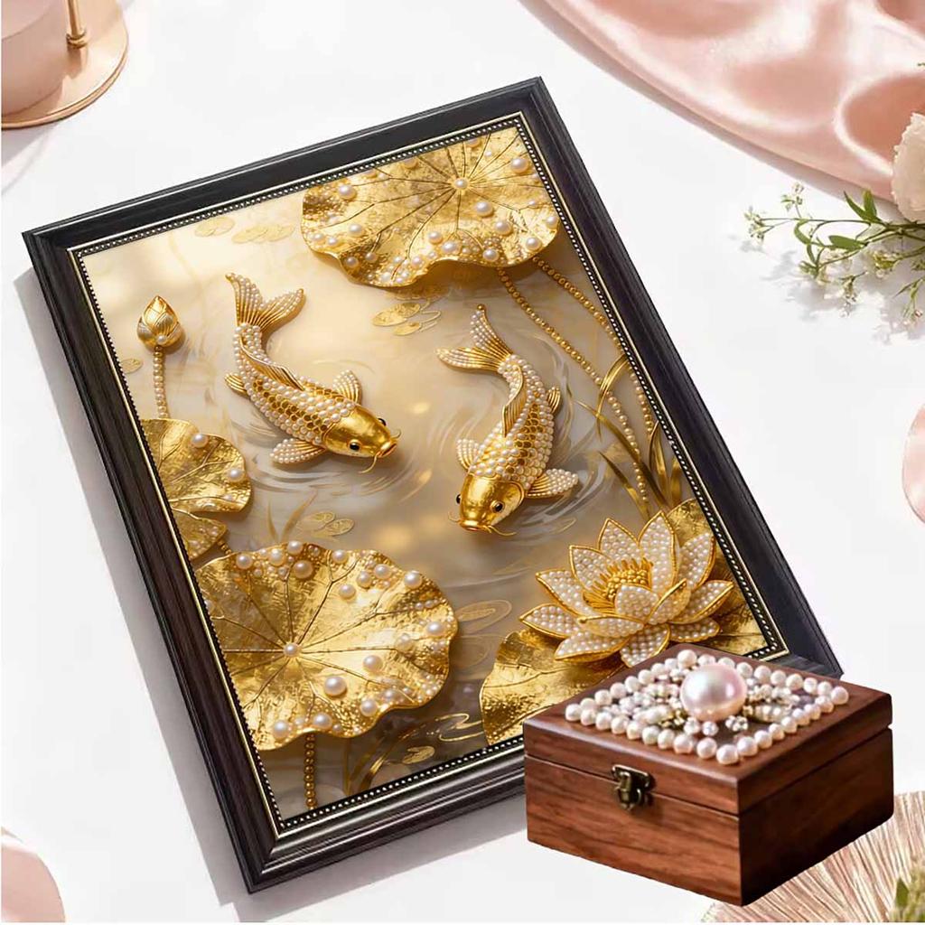 Crystal Pearl Painting 5D DIY Frame Decoration Painting Golden Koi Fish Home Wall Decoration Transparent Pearl Gemstone Painting Picture Art Crafts