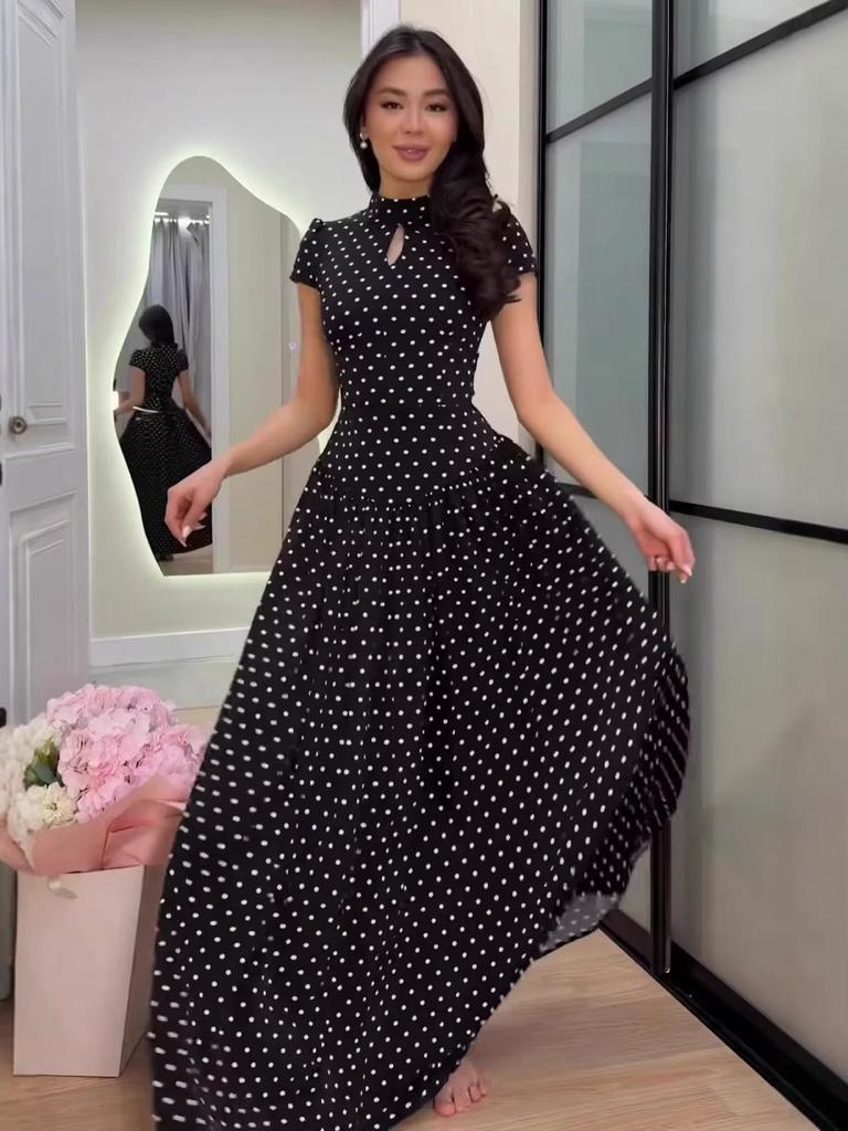 2026 Polka Dot Short Sleeve High Neck Slim Fit Elegant Long Dress for Women
