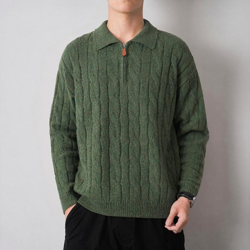 Knitted lapel sweater slightly wide half-zip jacket casual sweater long sleeves