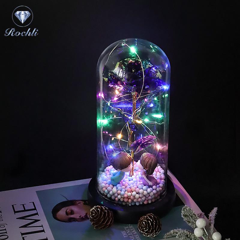 Rose Flower Preserved in Glass Dome with Night Light - Mother's Day or Birthday Gift Ornament
