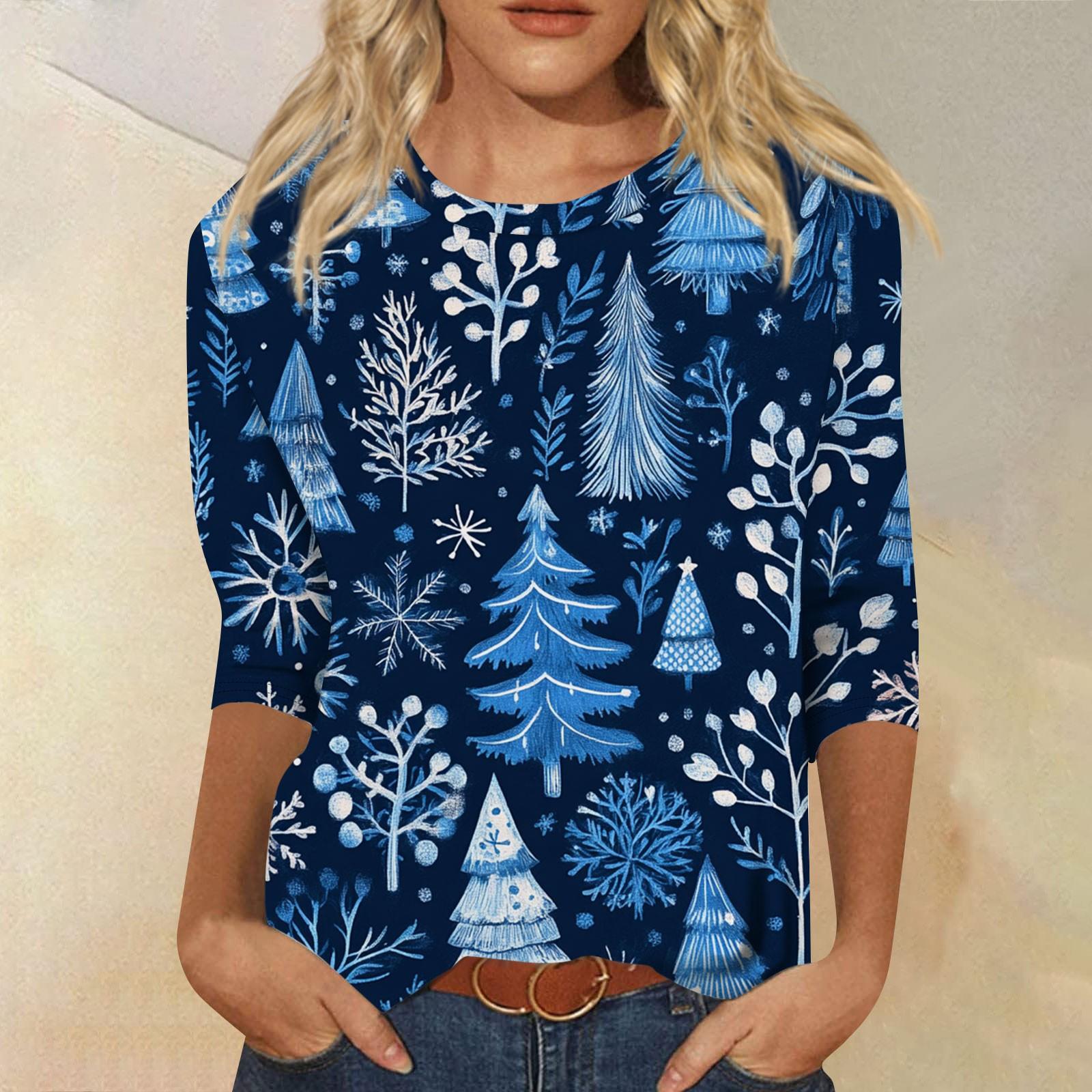 

Женская мода повседневная рубашка с круглым вырезом и рождественским принтом, семь рукавов M тёмно-синий