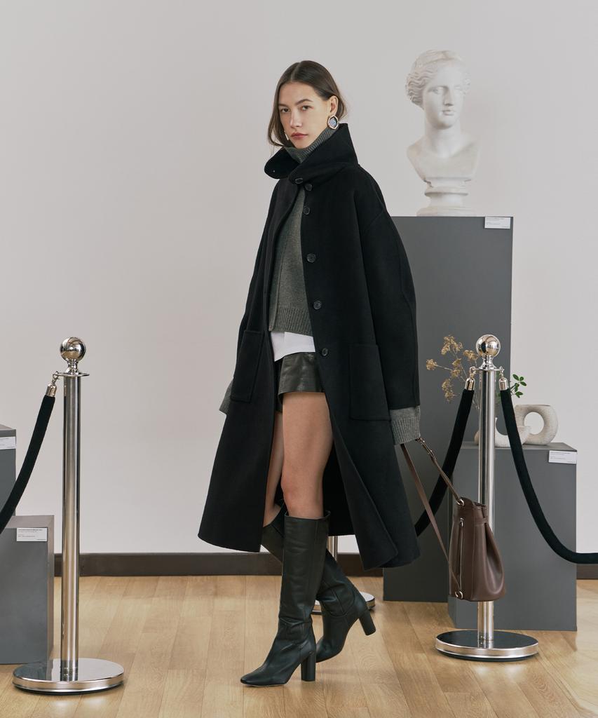 Pinblack Wool Handmade High-Neck Long Coat Black